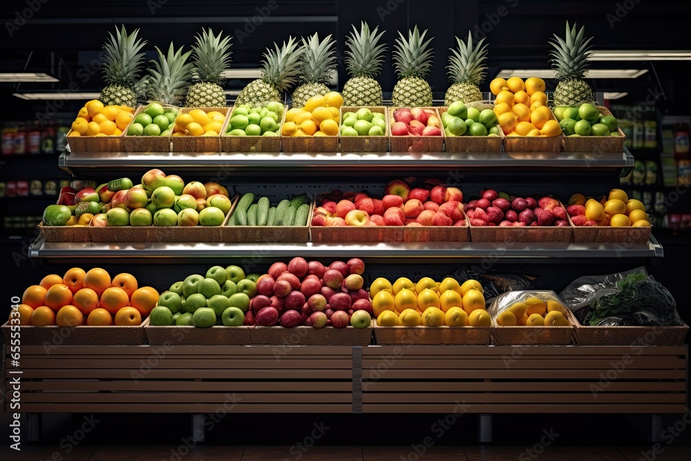 fresh fruits on shelf display at supermarket