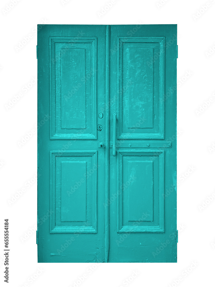 Old shabby cyan textured wooden doors is isolated on transparent background. Old shabby cyan textured wooden doors is isolated on transparent background.