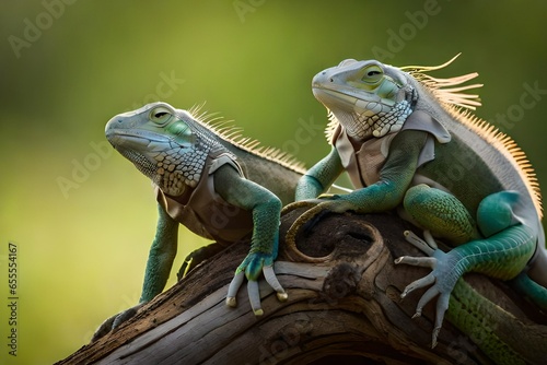 Two iguanas on the branch. AI-Generated