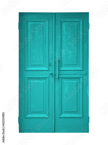 Old shabby cyan textured wooden doors is isolated on transparent background.