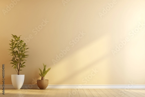 plain room with vases and yellow wall plants