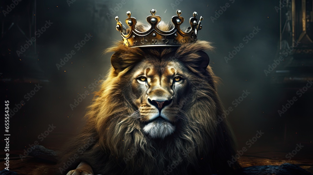 a lion wearing a crown and sitting on a wooden table - obrazy, fototapety, plakaty 