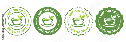 Set of  green tea cup logos. Healthy green tea drink stamps. Organic natural food labels.