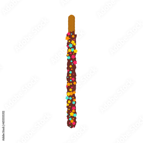 Chocolate chip cookie stick dipped in sprinkles. Decorated popping candy for Pepero day in Korea. Frosted crunchy biscuit dessert. Vector illustration