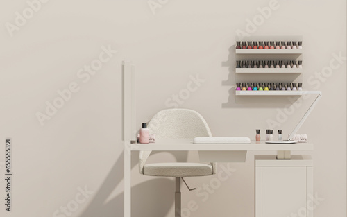 3d render beauty spa nail salon on pastel beige background. 3d illustration of luxury Beauty Studio for women and men. Place for manicure and nail care, pedicure. Exclusive interior design.  © Tiviland