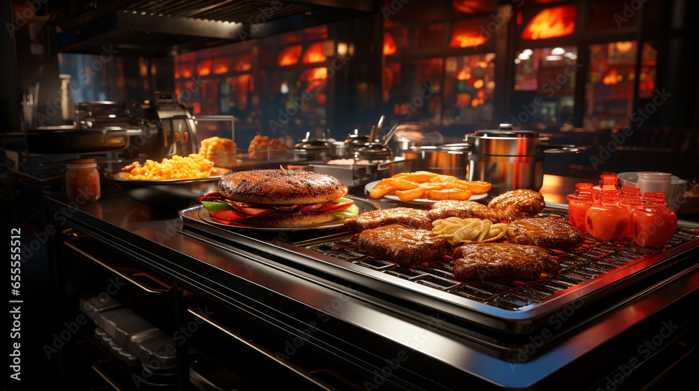 A classic, chrome-plated diner grill sizzling with burgers, fries, and onion rings.