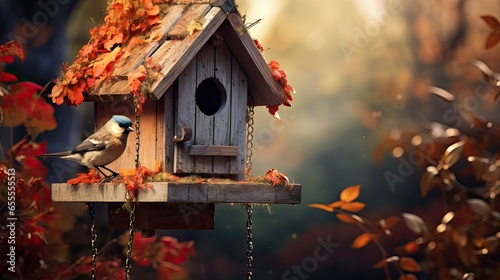 bird feeding in a wooden birdhouse 