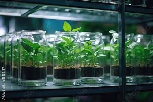 Plant research, green plant in a glass jar in a laboratory. Ecological breeding and plant development.