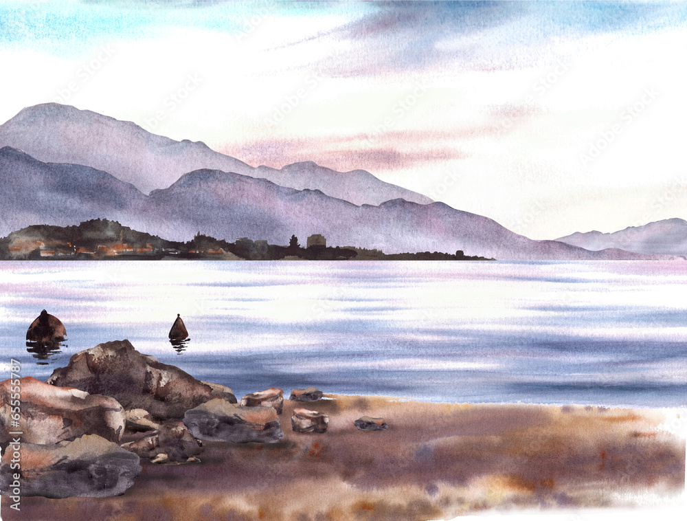 Nautical watercolor landscape Adriatic view seascape with sunset mountain silhouettes, far old town, sea buoy, coastal sandy beach, stones Hand drawn isolated travel illustration on white background Nautical watercolor landscape Adriatic view seascape with sunset mountain silhouettes, far old town, sea buoy, coastal sandy beach, stones Hand drawn isolated travel illustration on white background