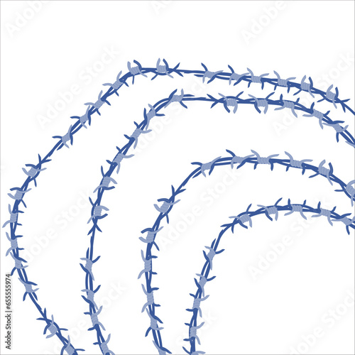 Barbed wire fence border frame illustration. Sharp thorns of barbwire barrier zone. Protection and security concept. Vector illustration.