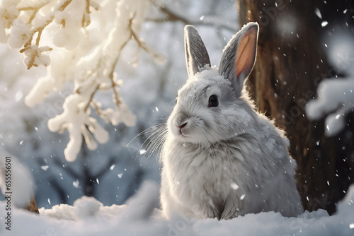Generative AI Image of White Rabbit Resting Under a Tree During Snowfall © heartiny
