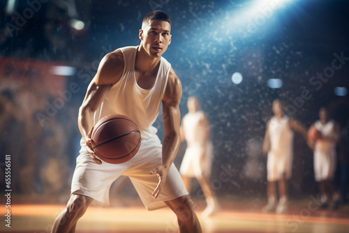 Male basketball player playing basketball in a crowded indoor basketball court © toonsteb