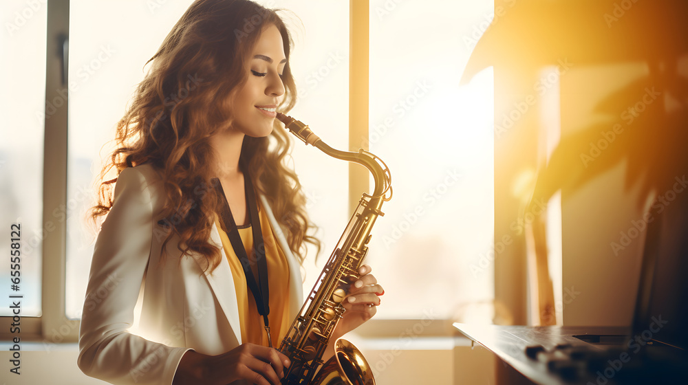 Young female student playing the saxophone in classroom - obrazy, fototapety, plakaty 