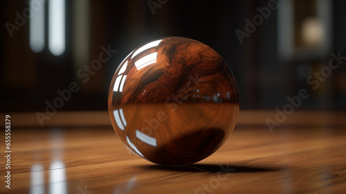 Chrome ball on wooden floor.