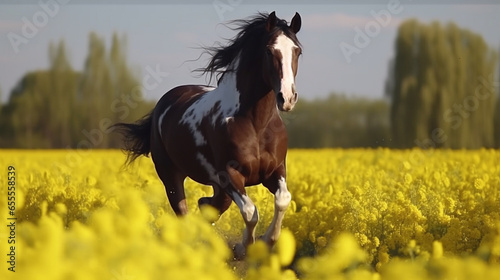 Beautiful brown and white horse rearing up photo