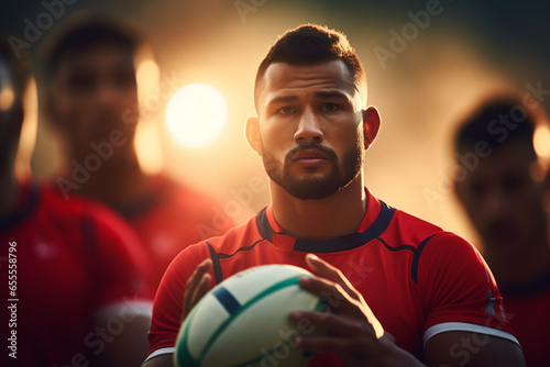 Male rugby players competing on the rugby field © toonsteb