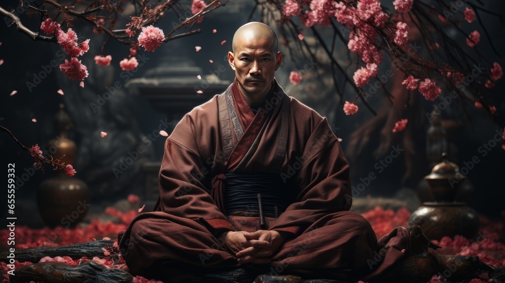 Asian monk meditating in a Buddhist temple. Religious concept - obrazy, fototapety, plakaty 