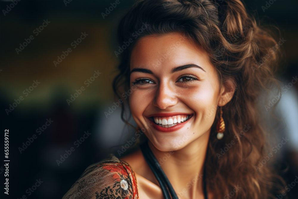 Beautiful smiling young Romani woman - obrazy, fototapety, plakaty 