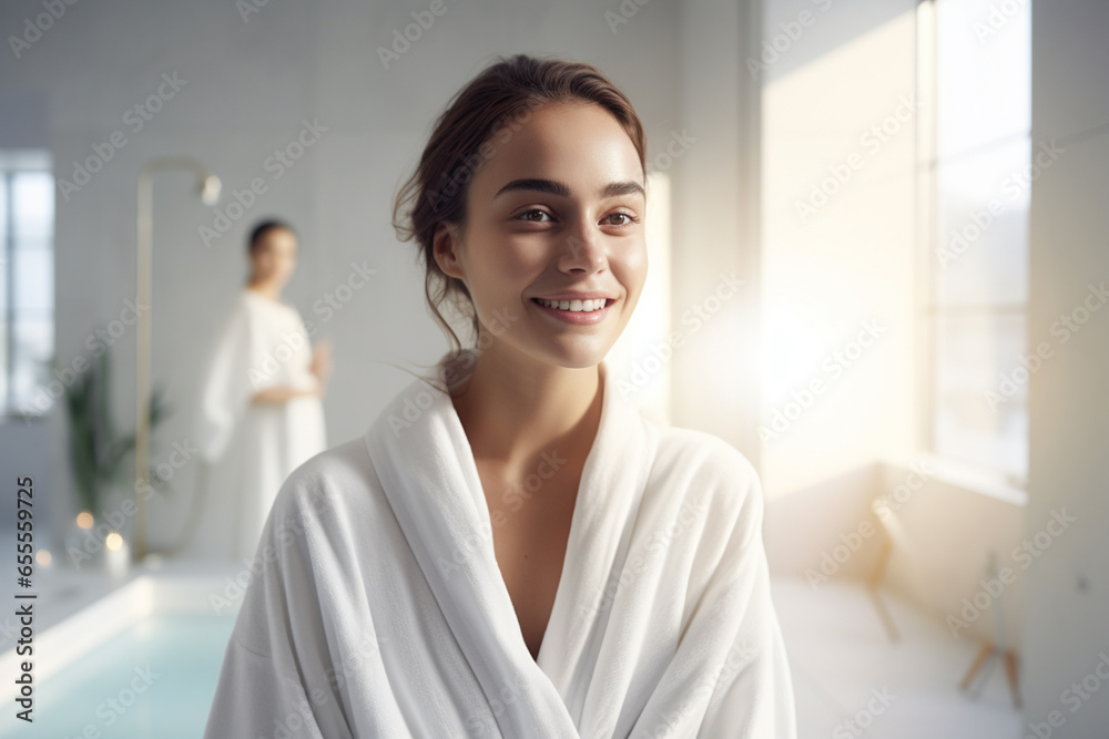 a beautiful woman smiling in the bathroom wearing white robe a beautiful woman smiling in the bathroom wearing white robe