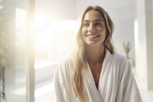 a beautiful woman smiling in the bathroom wearing white robe