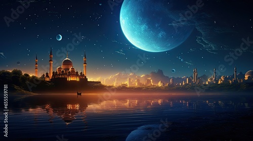 The Arabian night fairy tale, the landscape in the moonlight. Islamic wallpaper concept