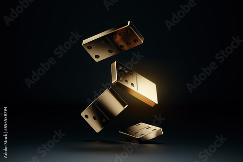 Domino effect, domino concept, tiles falling one after another on a black background. Chain reaction, Metaphor Collapse, default, economic crisis. 3D illustration, 3D render.