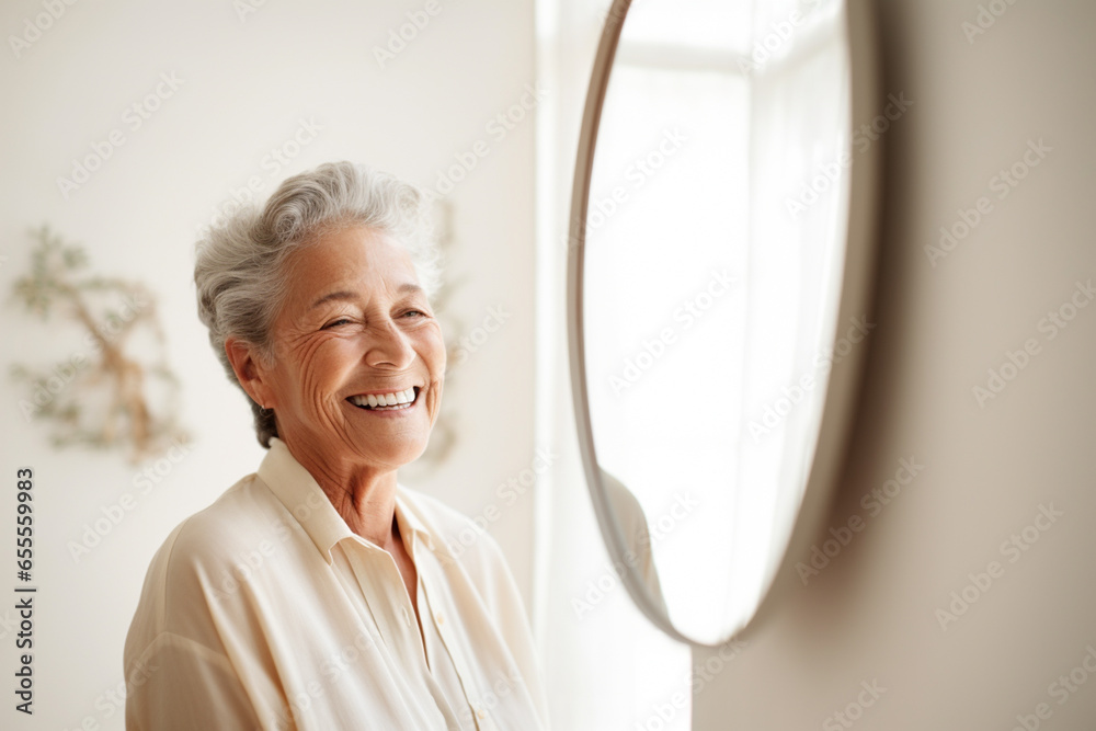 Elderly woman smiling with the mirror in the bedroom white - obrazy, fototapety, plakaty 
