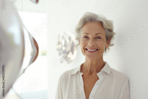 Elderly woman smiling with the mirror in the bedroom white