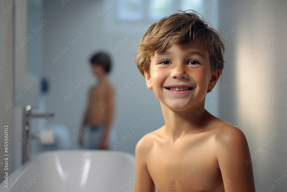 Smiling boy taking a shower in a white bathroom Smiling boy taking a shower in a white bathroom