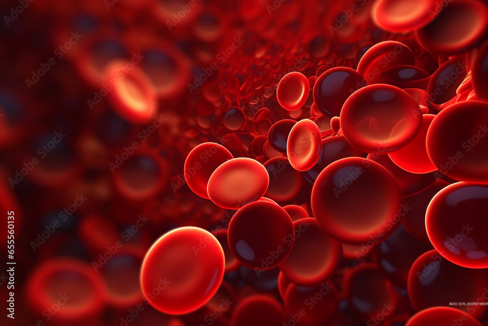Red blood cells flowing through vein. Blood under the microscope. Blood test. Red blood cells flowing through vein. Blood under the microscope. Blood test.