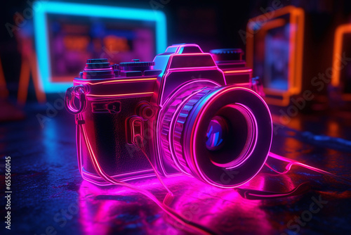 Camera with neon effect. Photographer's Day. Studio services. Retro camera.