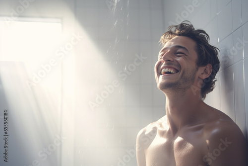 Smiling man taking a shower in a white bathroom