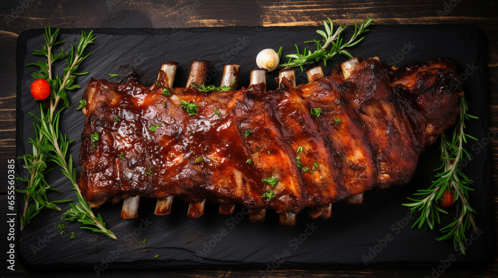 Delicious barbecued ribs seasoned with a spicy basting sauce and served with chopped fresh herbs on dark background, top view