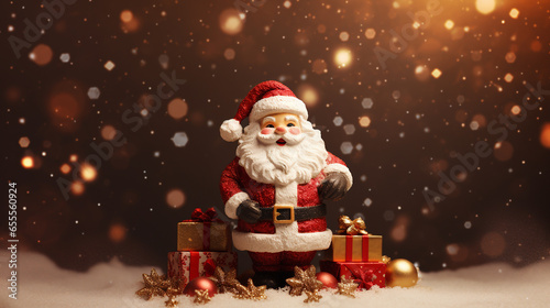 Miniature Christmas Santa Claus with gifts on snow over blurred bokeh background, Decoration Image for Christmas Holiday and Happy New Year Celebration concept.