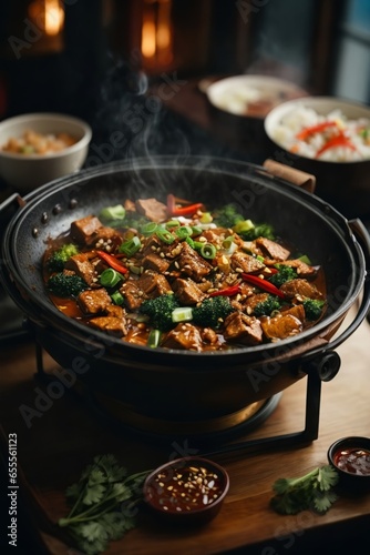 A delicious Asian stir-fry dish served in a traditional wok on a rustic wooden table
