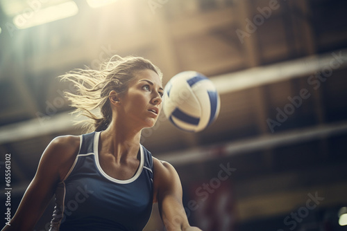 Female volleyball players are competing on the indoor volleyball court