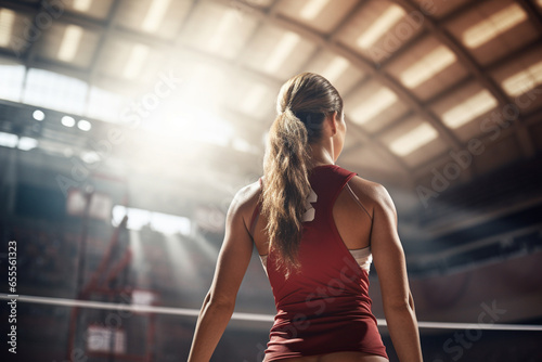 Female volleyball players are competing on the indoor volleyball court