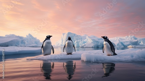 Three chinstrap penguins (Pygoscelis antarctica) in the snow photo