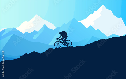 Mountain biking. Silhouette of mountain female bike rider in wild nature landscape. Mountains, forest in background. Cyclist. Bicyclist, downhill, and off road cycling. Flat illustration