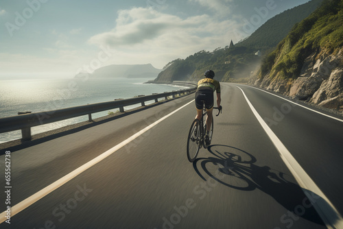 A man rides a bicycle on a riverside road with a beautiful view © toonsteb