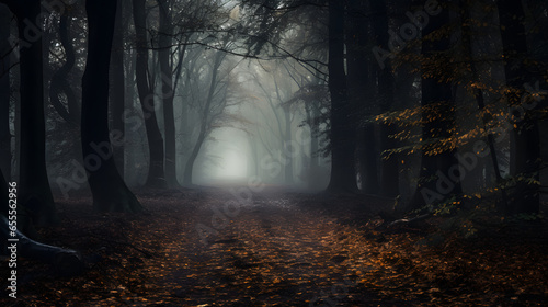 Mysterious autumn forest pathway with a blue-toned atmosphere, pathway between trees leading into a dark and misty forest. Halloween backdrop.