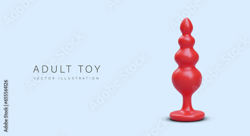 Red realistic butt plug with thickenings. Safe sex toy with limiter. Anal balls of different diameters. Toys for adults. Color concept of sex shop, header. Place for text photo