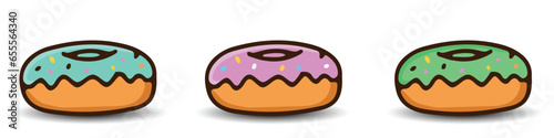 vector collection of donut cake decorations of various flavors and colors, sweet sponge cake, cream donuts, food icons, cake symbols