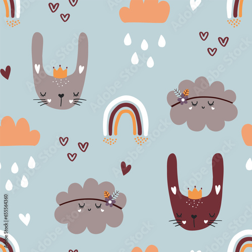 Seamless pattern with funny bunny and rainbows, clouds.