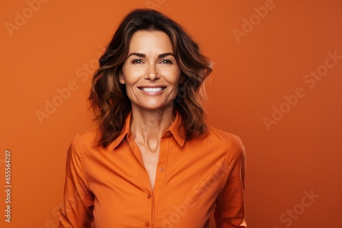 40 - year - old woman wearing a bright clothes next to a orange background. Beautiful businesswoman, who is smiling and laughing at isolated background.
