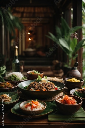 A feast on a wooden table filled with delicious dishes and tempting treats © Usman