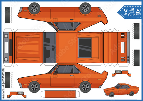 Craft game cut and glue paper 3d car. Kids papercraft template racing auto. Education activity printable page. DIY model toys vehicle.