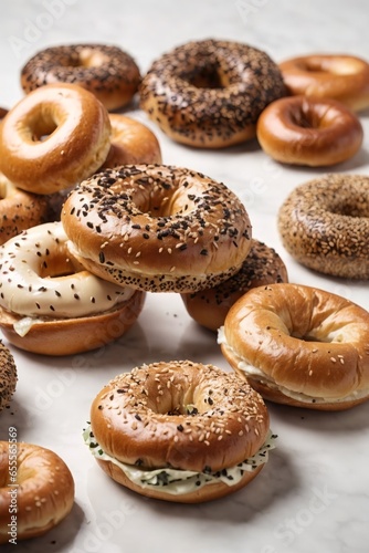 A delicious assortment of freshly baked bagels on a rustic wooden table