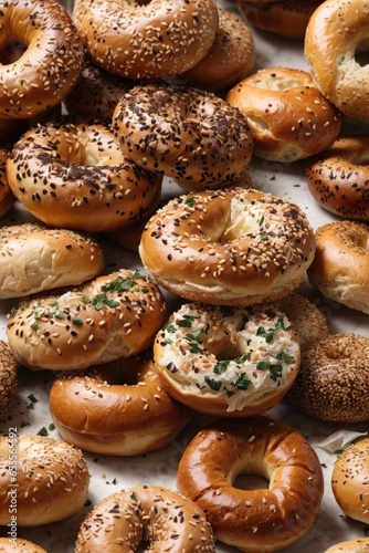 A colorful assortment of freshly baked bagels on a wooden table