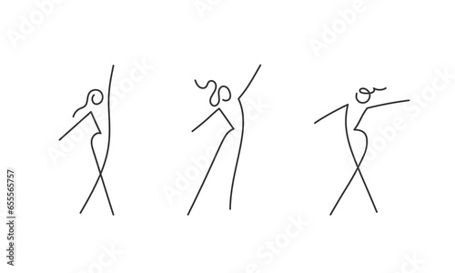 Women figure line silhouette. Female symbol of beauty and grace. Dancer, ballerina thin line icon. Moving pose, slim body. Sketch vector illustartion
